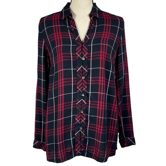 J Jill Small Top Button-Up Plaid Long Sleeve V-Neck Collared Black Burgundy Red - Picture 1 of 9